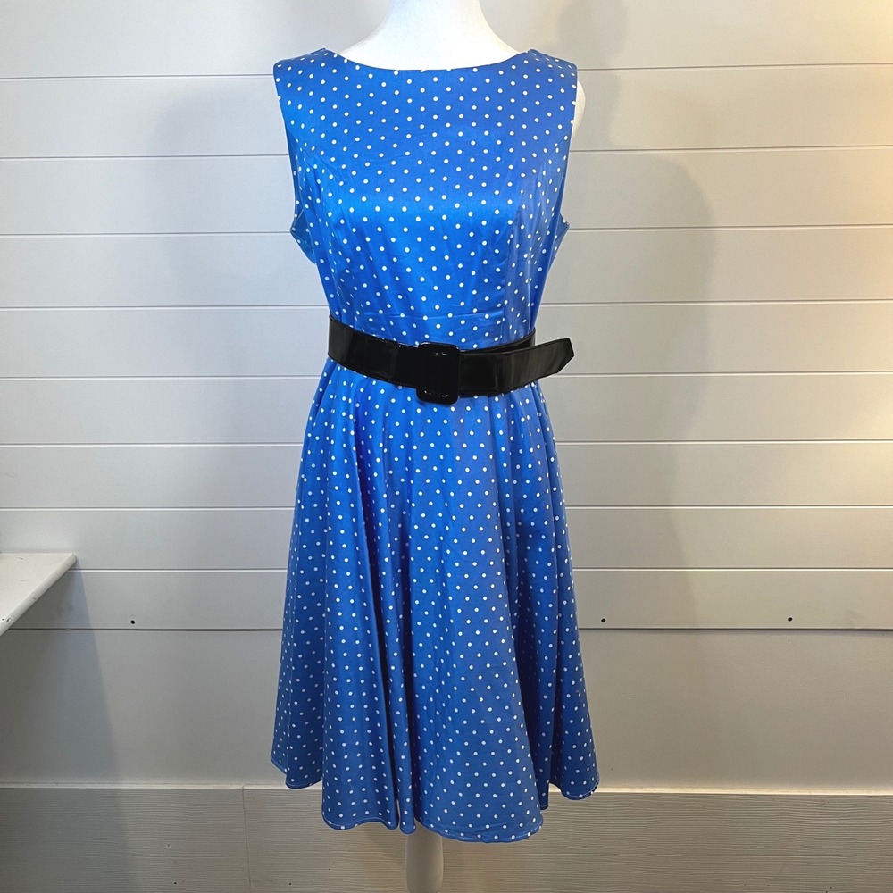 Grace Karin Polka Dot Dress Fit and Flare Retro Style Blue White Party Large